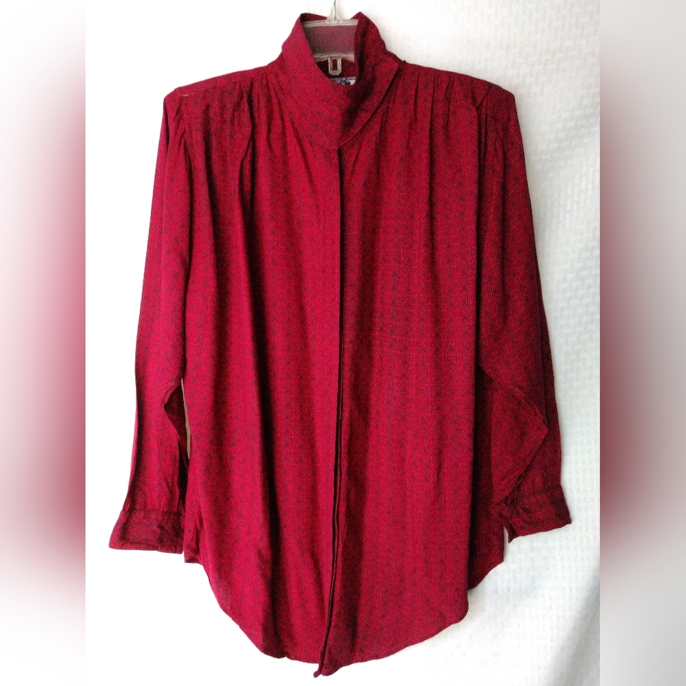 Vintage Zashi 90s High Neck Shirt Red Black Geometric Print Oversized Small